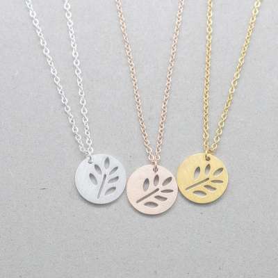 Ladies brushed stainless steel small gold disc pendant tags custom cut leaf shape necklace